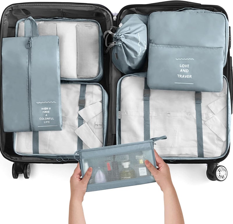 KPX 8 Set Packing Cubes for Travel, Luggage Packing Organizers Accessories Large Toiletries Bag for Clothes Shoes Cosmetics (Grey) - Image 1